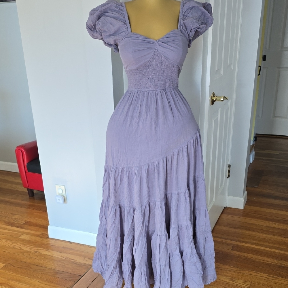 Lavender Puff-Sleeve Smocked Maxi Dress